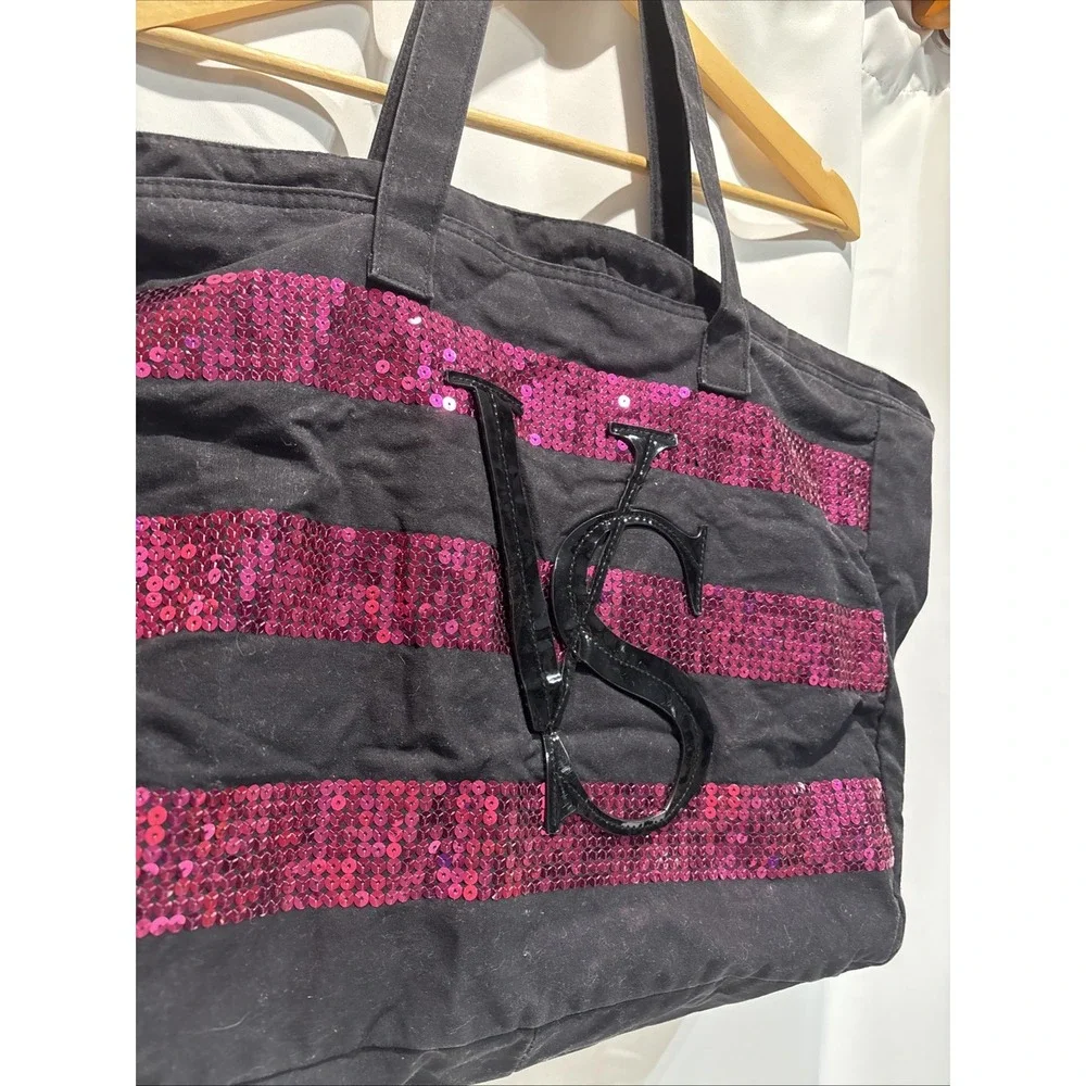 Victoria's Secret Black With Pink Sequin XL Tote Stripe Limited Edition Top Zip
